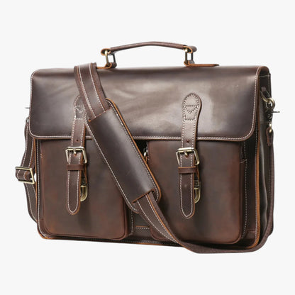 Cartable cuir Birk - Brun Foncé - Vue de face avec bandoulière