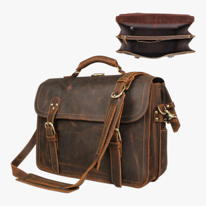 Cartable cuir Sten - Vue trois-quarts et intérieur ouvert